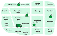 Load image into Gallery viewer, The Healthy Box Delivery Zone includes the following suburbs in the inner north of Melbourne. Strathmore, Pascoe Vale, Coburg North, Preston, Essendon, Pascoe Vale South, Coburg, Thornbury, Moonee Ponds, Brunswick West, Brunswick, Brunswick East, Northcote, Ascot Vale, Travancore, Parkville, Princes Hill, Carlton North and Fitzroy North